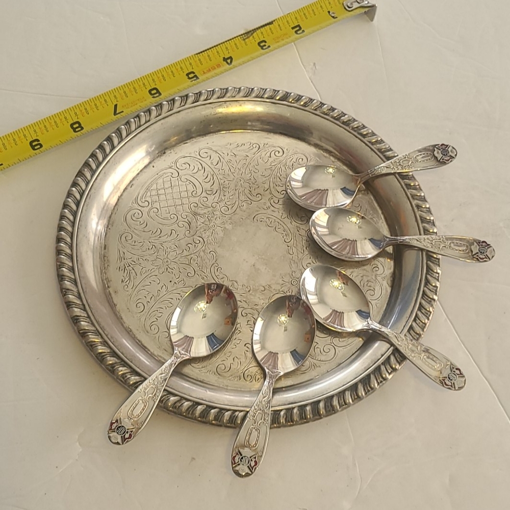 Silver plated plate and 5 spoons